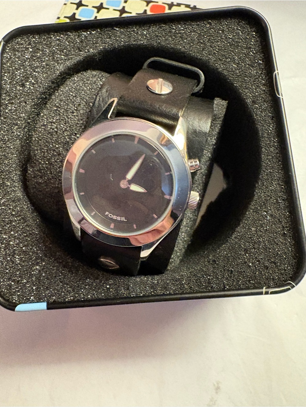 Fossil Big Tick Mens Black Leather Cuff Watch with Silver Case